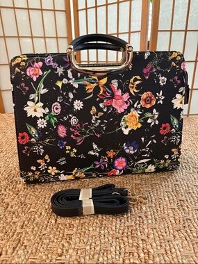 Dasein Floral Print Black Top-Handle Satchel with Gold Hardware